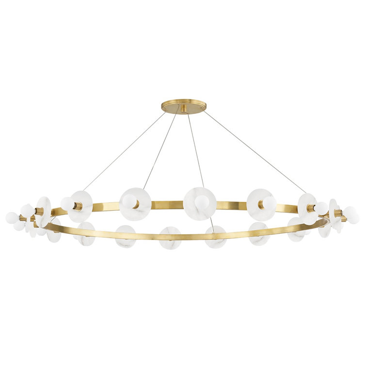 Aged Brass and Alabaster 18-Light Wagon Wheel Chandelier