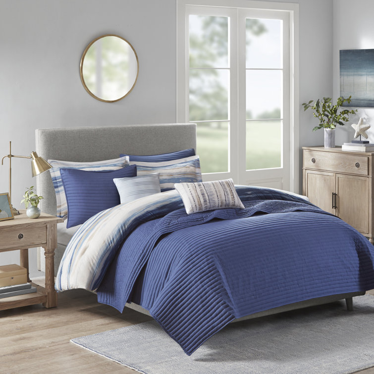 Full Blue Microfiber Reversible Comforter and Coverlet Set