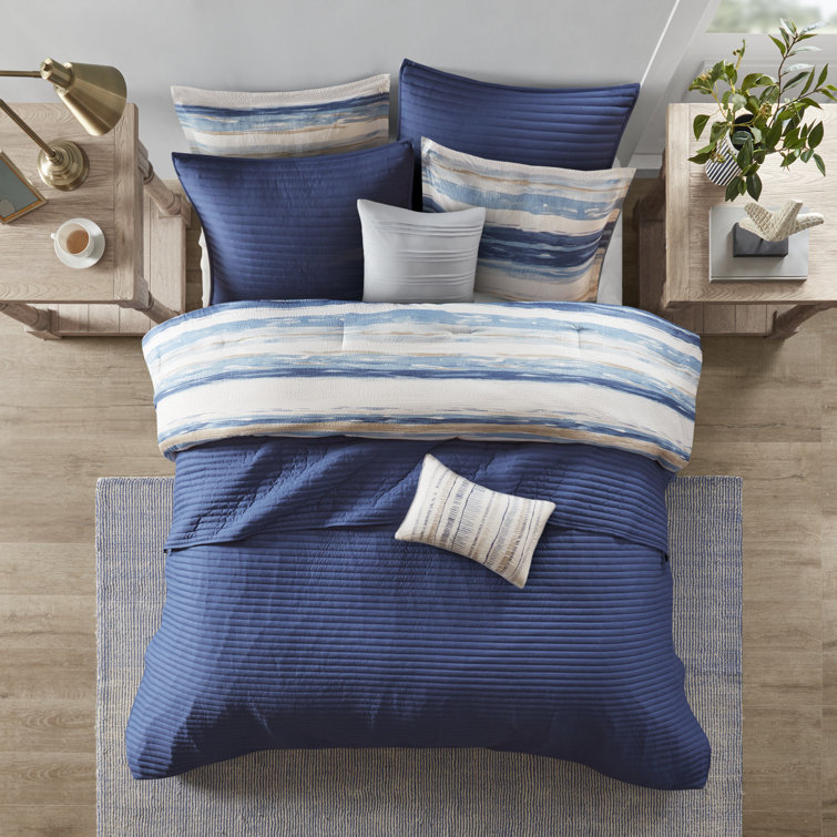 Full Blue Microfiber Reversible Comforter and Coverlet Set