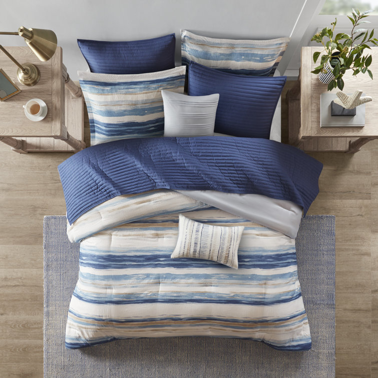 Full Blue Microfiber Reversible Comforter and Coverlet Set