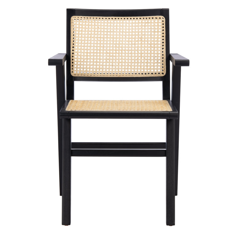 Elegant Coastal Black Wood and Natural Cane Armchair, 23"x33"