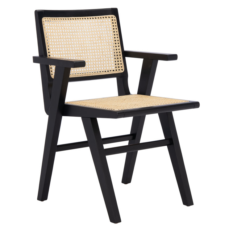 Elegant Coastal Black Wood and Natural Cane Armchair, 23"x33"