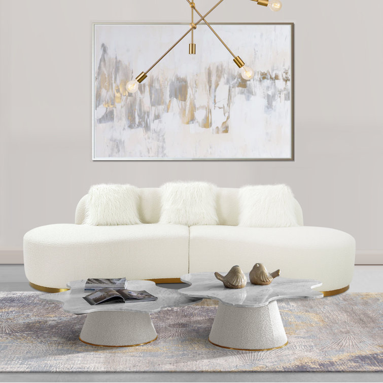 Ivory Elegance Curved 3-Piece Sofa with Gold Legs & Accent Pillows