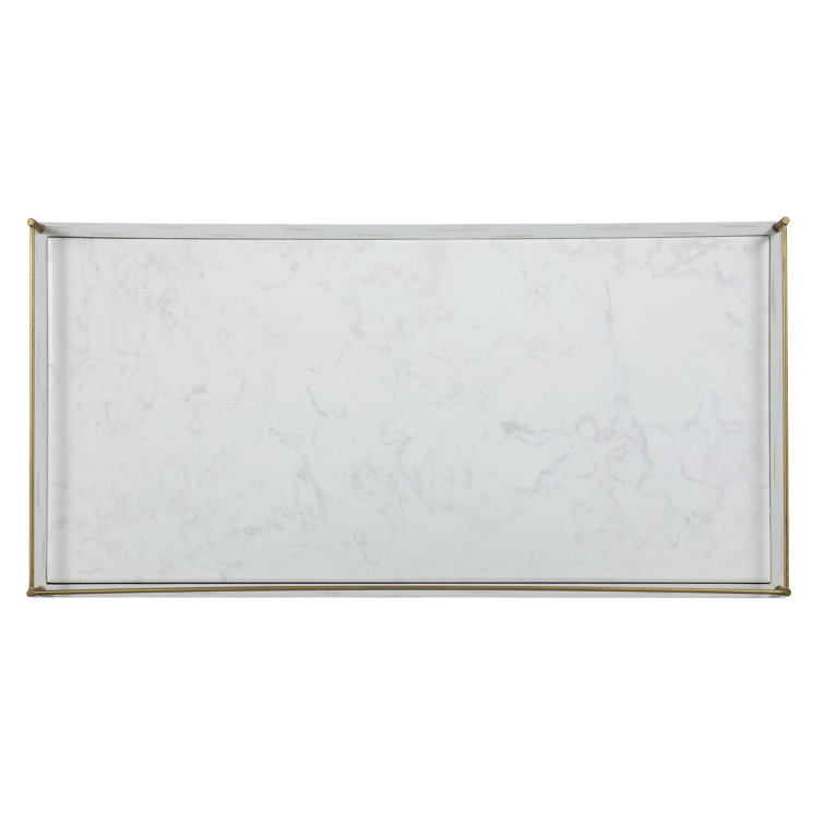 Pearl White and Gold Metal Bar Cabinet with Carrara Marble Top