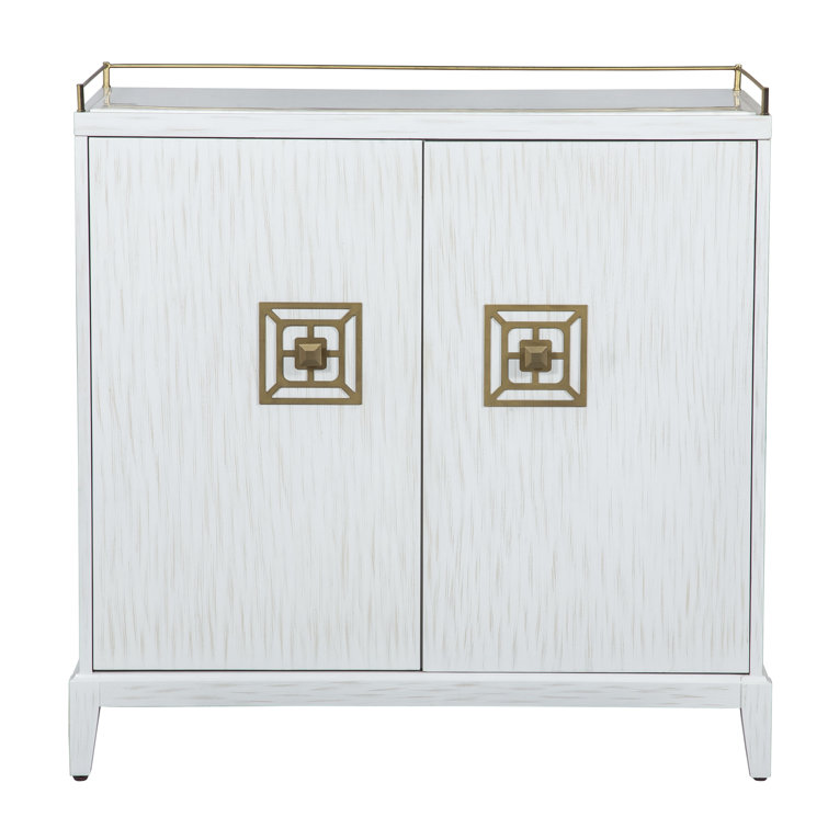 Pearl White and Gold Metal Bar Cabinet with Carrara Marble Top