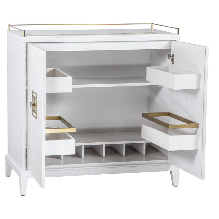 Pearl White and Gold Metal Bar Cabinet with Carrara Marble Top