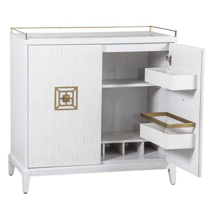 Pearl White and Gold Metal Bar Cabinet with Carrara Marble Top