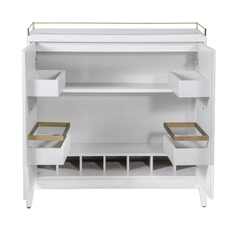 Pearl White and Gold Metal Bar Cabinet with Carrara Marble Top