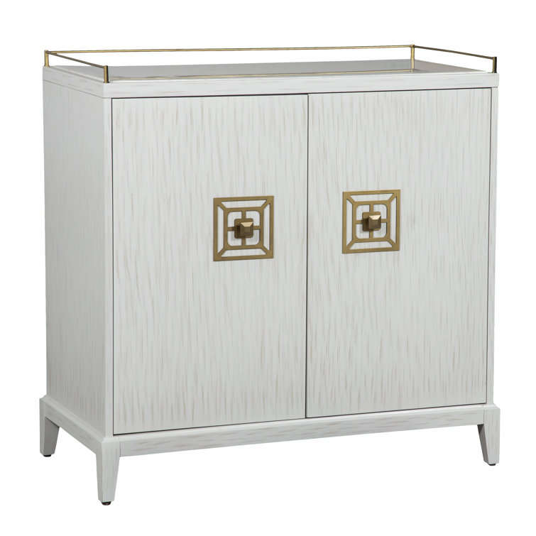 Pearl White and Gold Metal Bar Cabinet with Carrara Marble Top