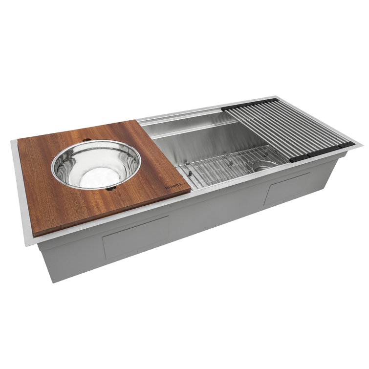 Mahogany Wood Platform with Stainless Steel Mixing Bowl and Colander Set