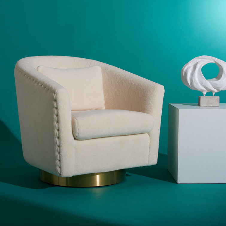 Ivory Velvet Swivel Barrel Chair with Wood Accents