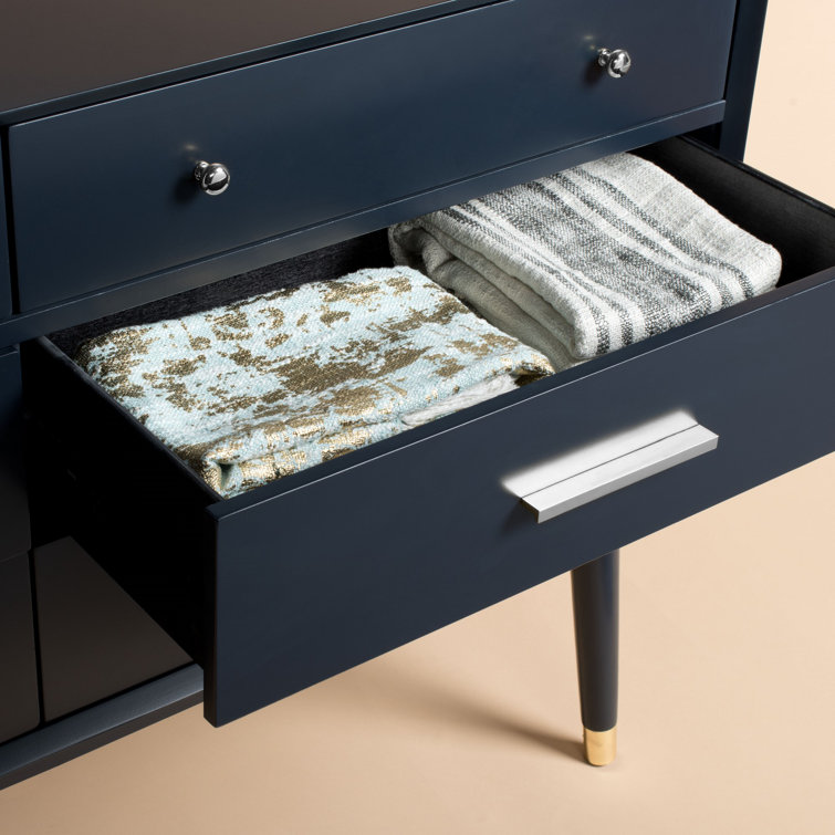Navy and Silver Mid-Century Modern Double Dresser with Felt Lined Drawers