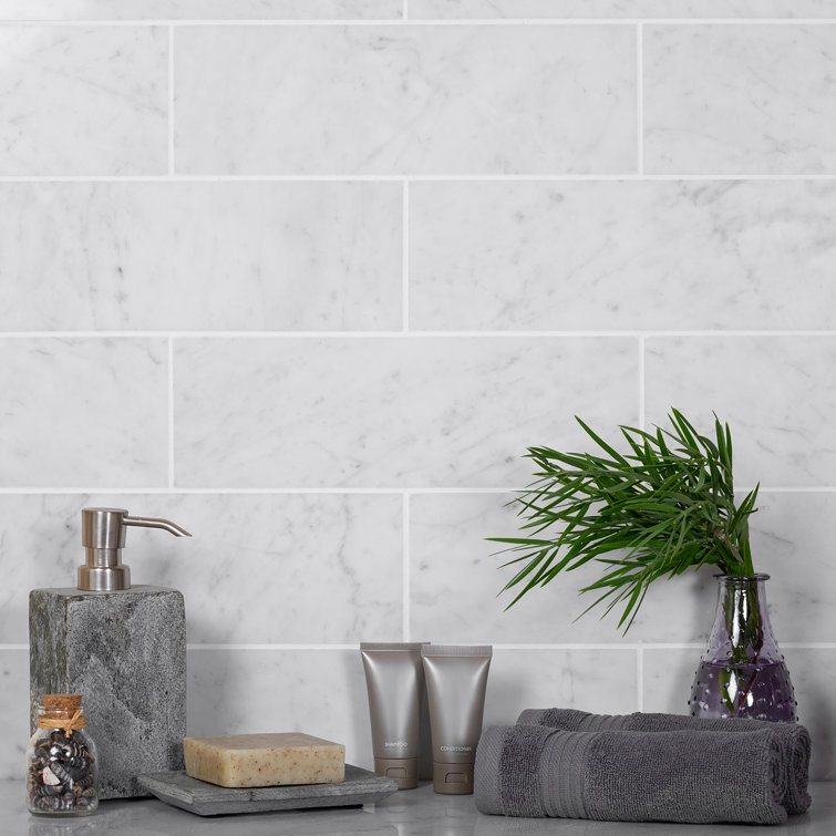 4" x 12" Polished White Marble Look Subway Tile