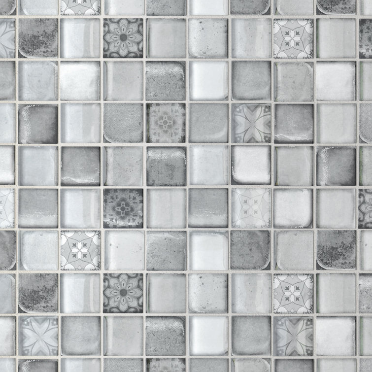 Gray Glass Mosaic Sheet with Patterned Design