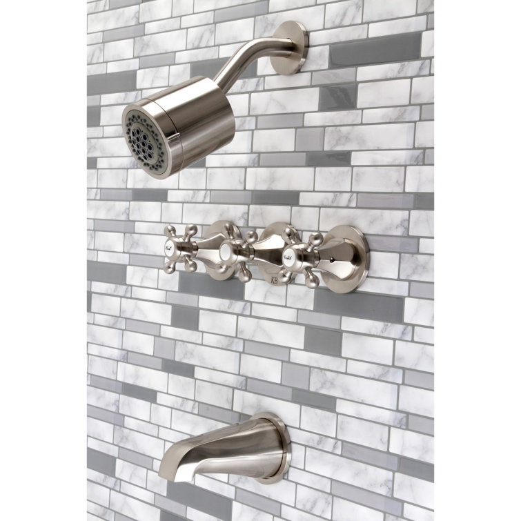 Brushed Nickel Triple-Handle Wall Mounted Tub and Shower Faucet