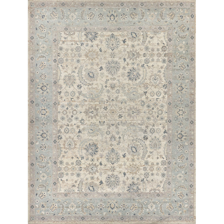 Light Blue and Ivory Hand-Knotted Wool Oriental Rug, 10' x 14'