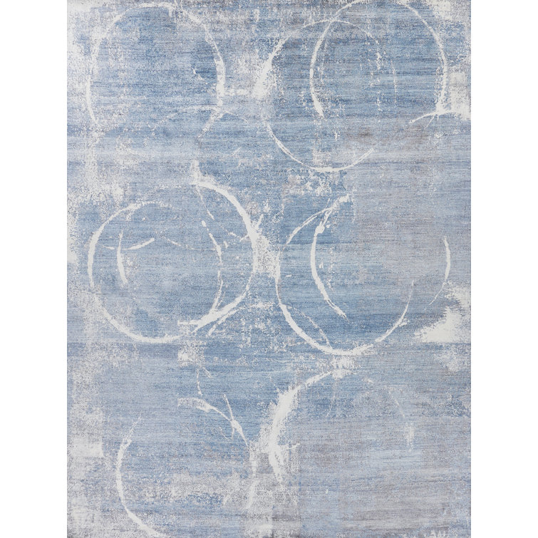 Elegance Abstract Blue Silk 8' x 10' Hand-Knotted Area Rug