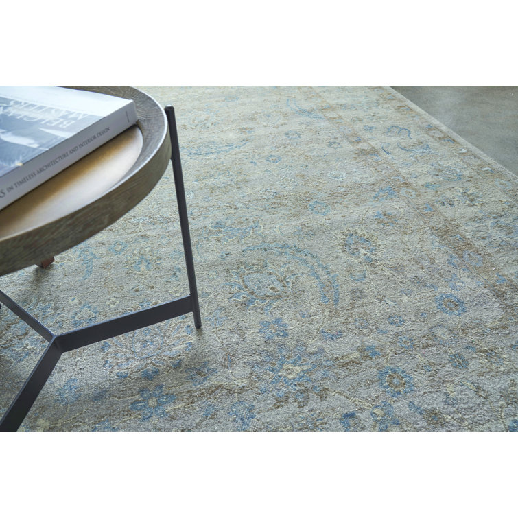 Harper Beige Ivory Blue Hand-Knotted Wool 9' x 12' Area Rug