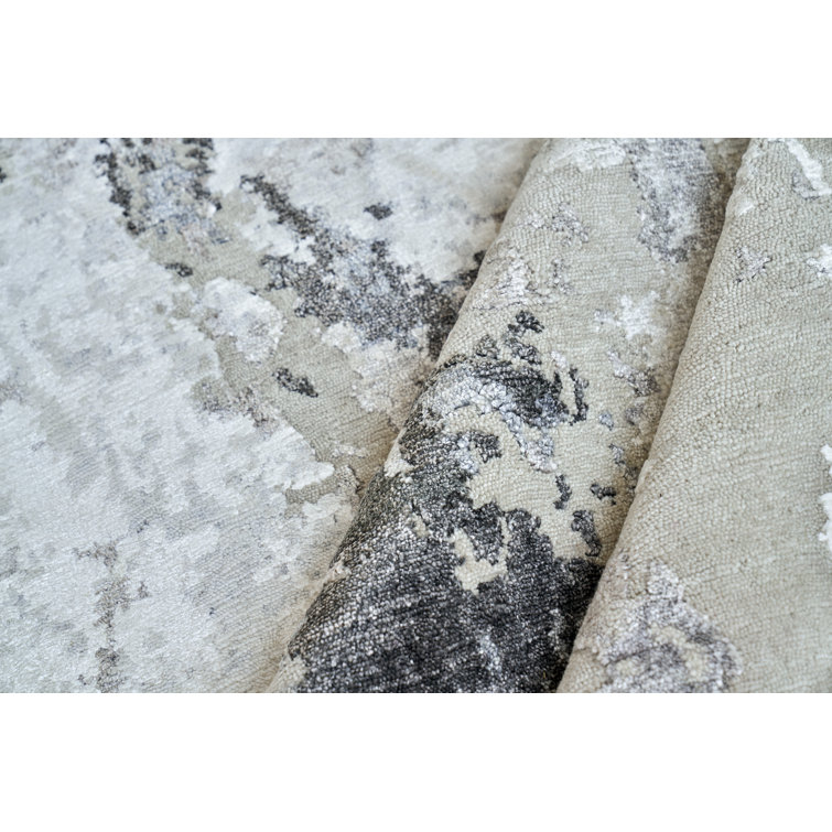 Ivory and Gray Hand-Knotted Abstract Wool Rug, 9' x 12'