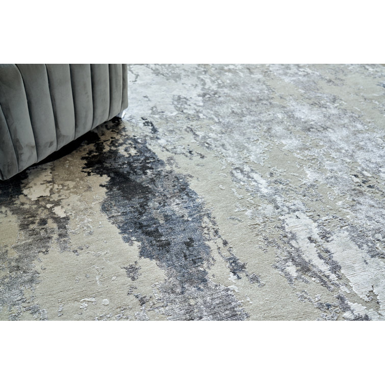 Ivory and Gray Hand-Knotted Abstract Wool Rug, 9' x 12'