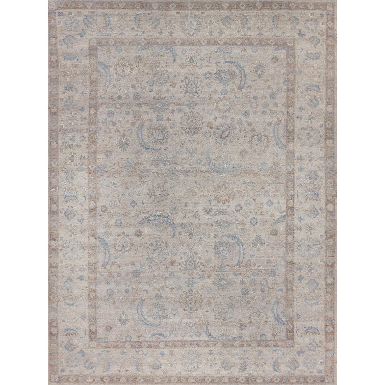 Harper Beige Ivory Blue Hand-Knotted Wool 9' x 12' Area Rug