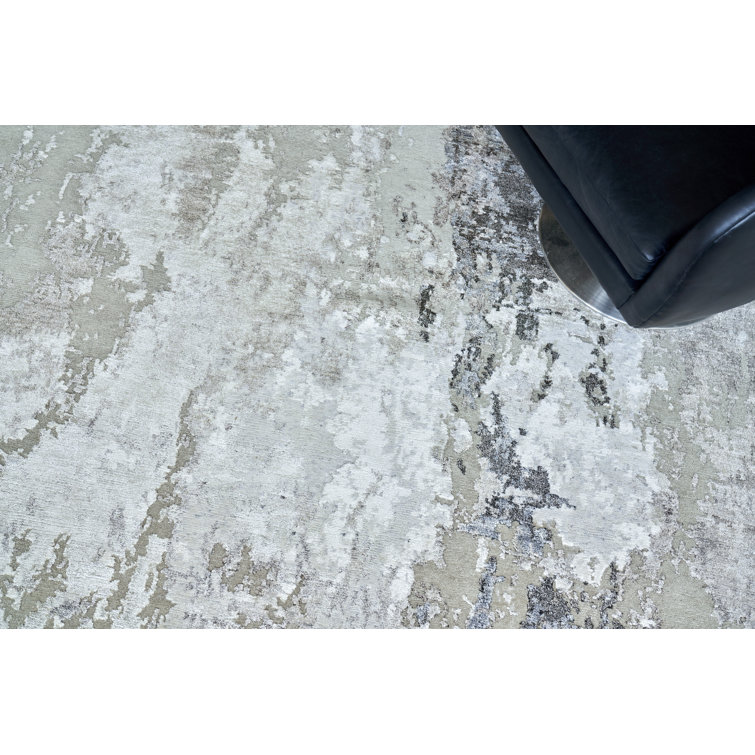 Ivory and Gray Hand-Knotted Abstract Wool Rug, 9' x 12'