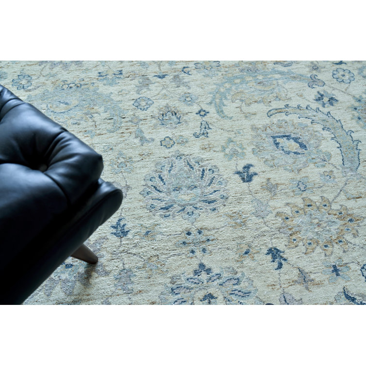 Light Blue and Ivory Hand-Knotted Wool Oriental Rug, 10' x 14'