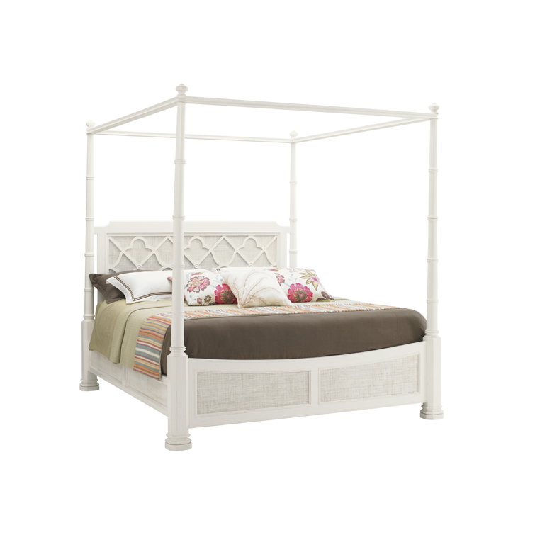 White Wood Queen Poster Bed with Upholstered Headboard