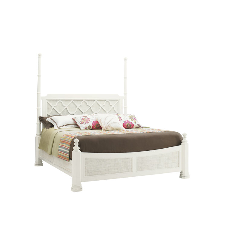 White Wood Queen Poster Bed with Upholstered Headboard