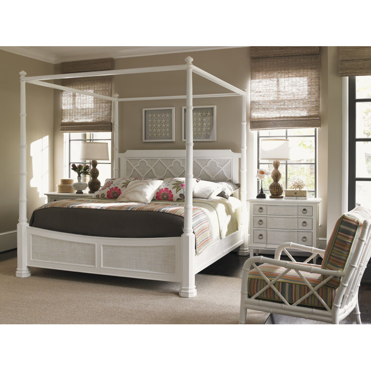 White Wood Queen Poster Bed with Upholstered Headboard