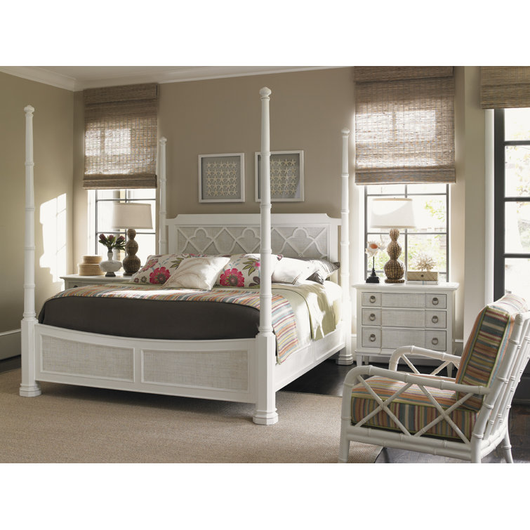 White Wood Queen Poster Bed with Upholstered Headboard