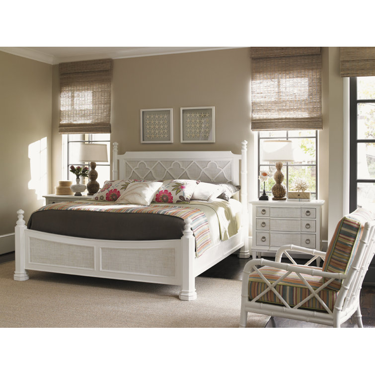 White Wood Queen Poster Bed with Upholstered Headboard
