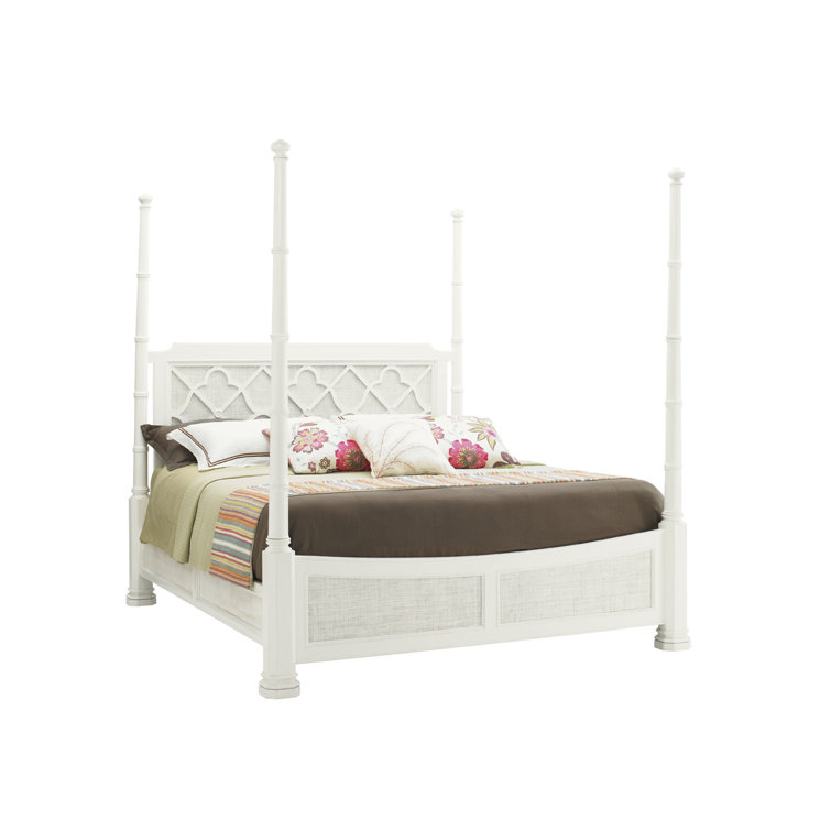 White Wood Queen Poster Bed with Upholstered Headboard