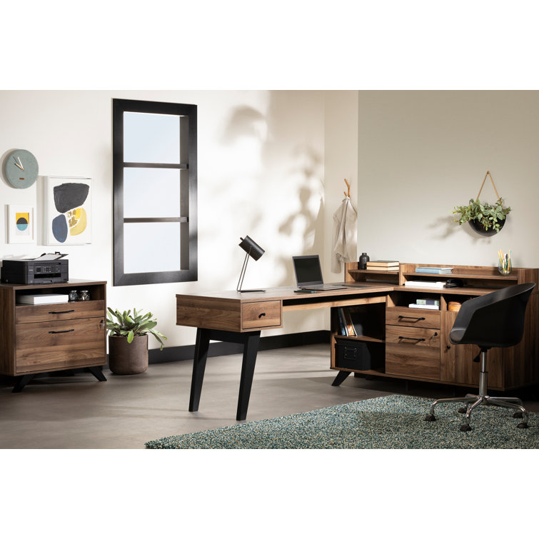 Natural Walnut L-Shaped Executive Desk with Hutch and Power Outlet