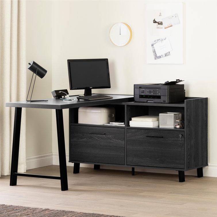 Gray Oak L-Shaped Computer Desk with Power Outlet and Filing Cabinet