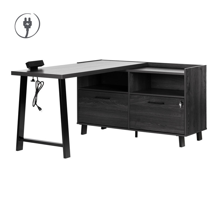 Gray Oak L-Shaped Computer Desk with Power Outlet and Filing Cabinet