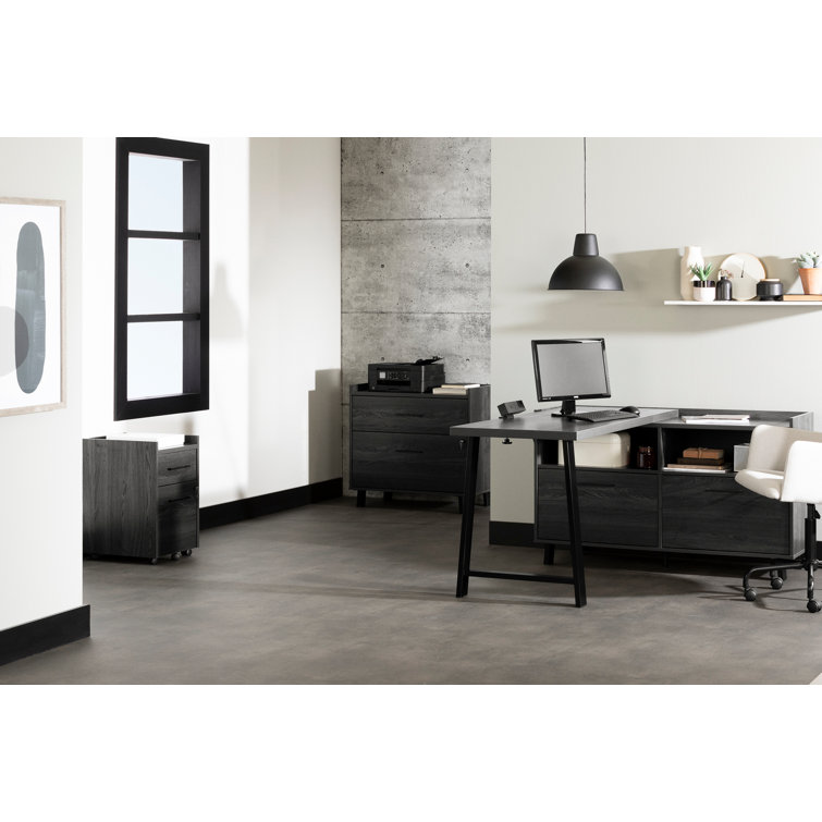 Gray Oak L-Shaped Computer Desk with Power Outlet and Filing Cabinet