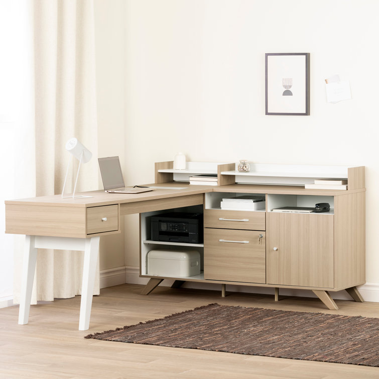 Soft Elm and White Executive Corner Desk with Hutch and Power Outlets