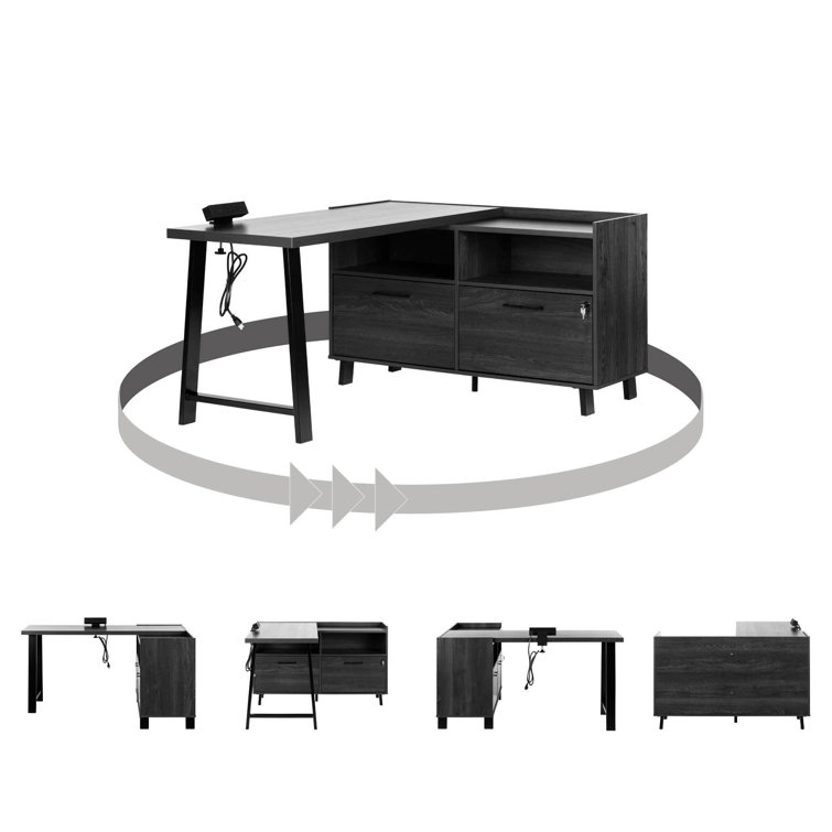 Gray Oak L-Shaped Computer Desk with Power Outlet and Filing Cabinet