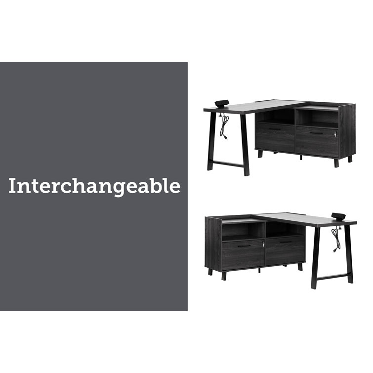 Gray Oak L-Shaped Computer Desk with Power Outlet and Filing Cabinet