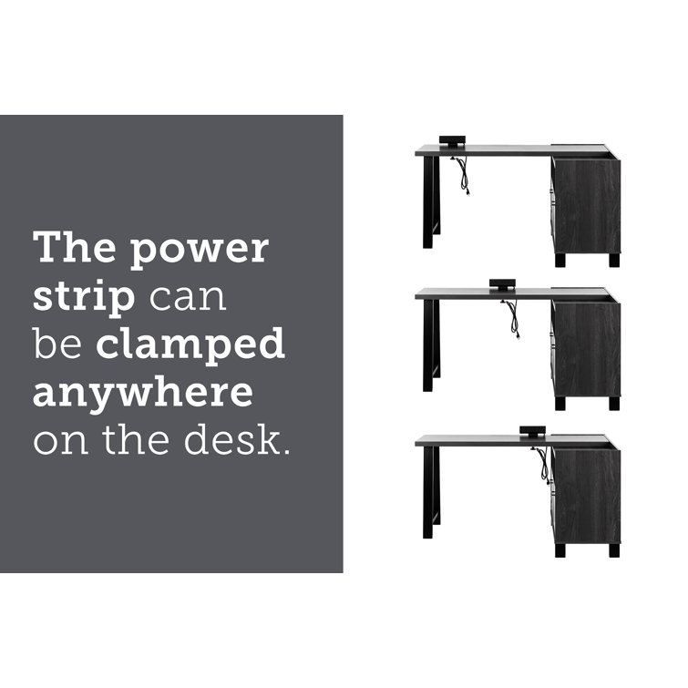 Gray Oak L-Shaped Computer Desk with Power Outlet and Filing Cabinet