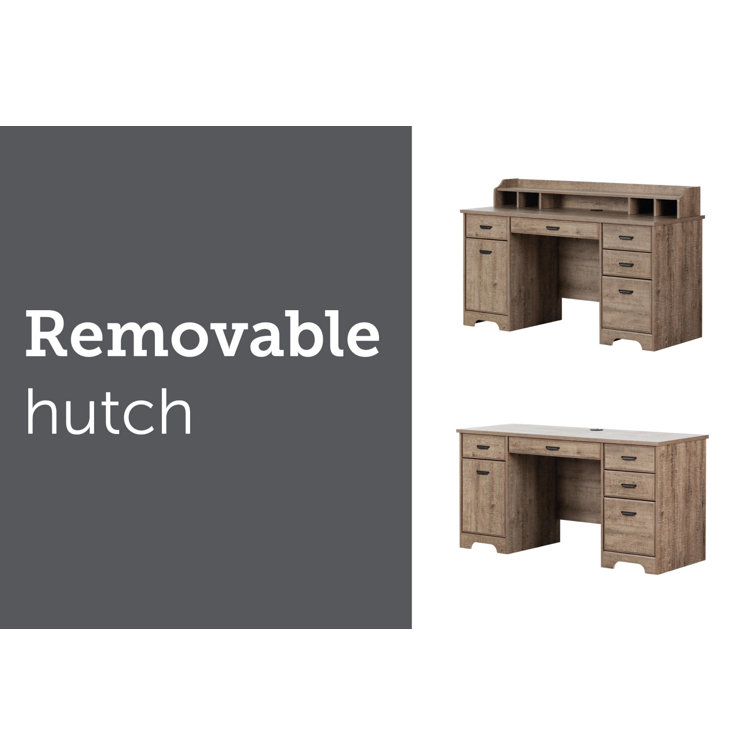 Executive Weathered Oak Computer Desk with Power Outlet and Storage