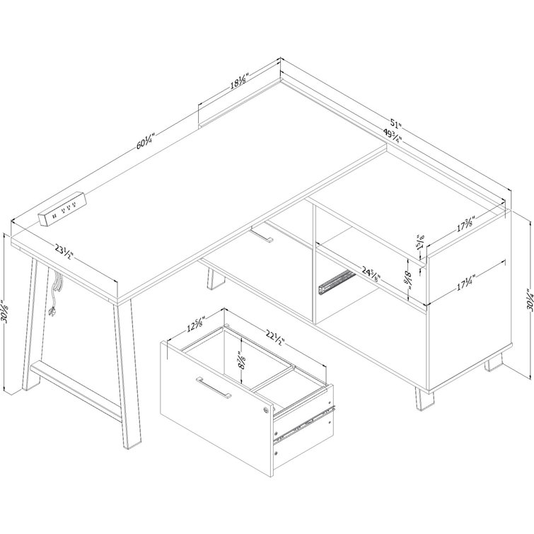Soft Elm and Matte Black L-Shaped Computer Desk with Power Outlet