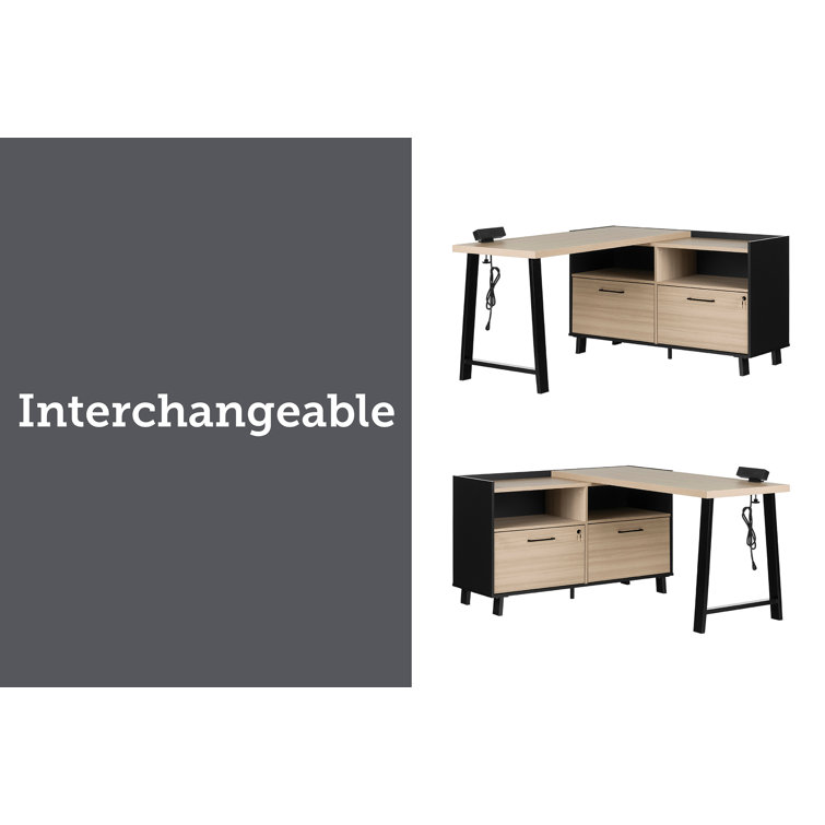 Soft Elm and Matte Black L-Shaped Computer Desk with Power Outlet
