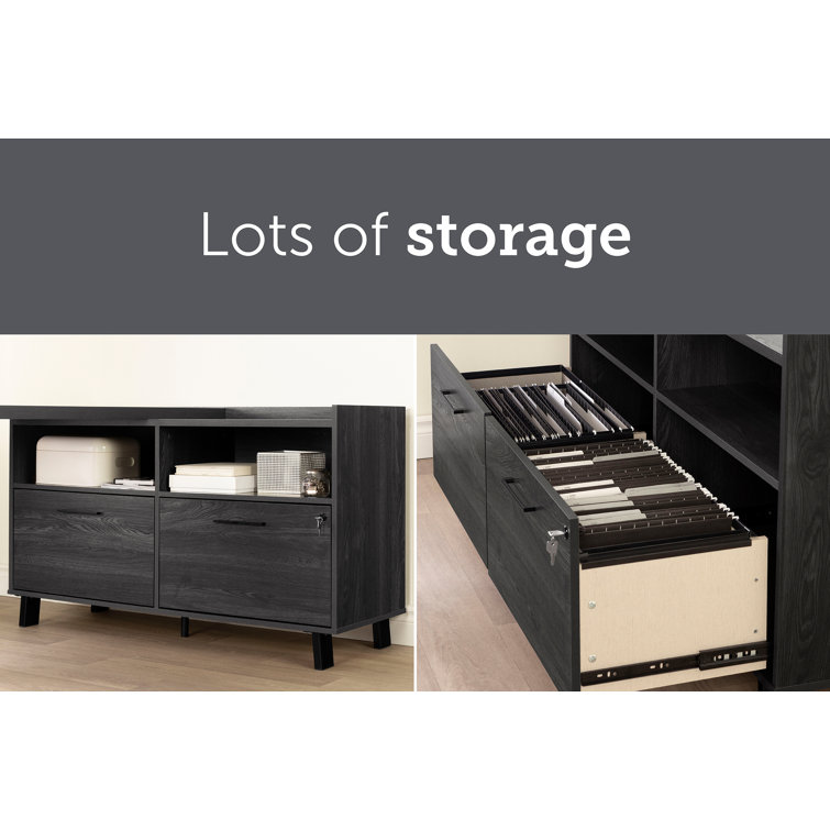Gray Oak L-Shaped Computer Desk with Power Outlet and Filing Cabinet