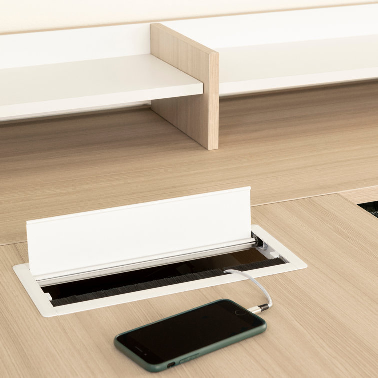 Soft Elm and White Executive Corner Desk with Hutch and Power Outlets