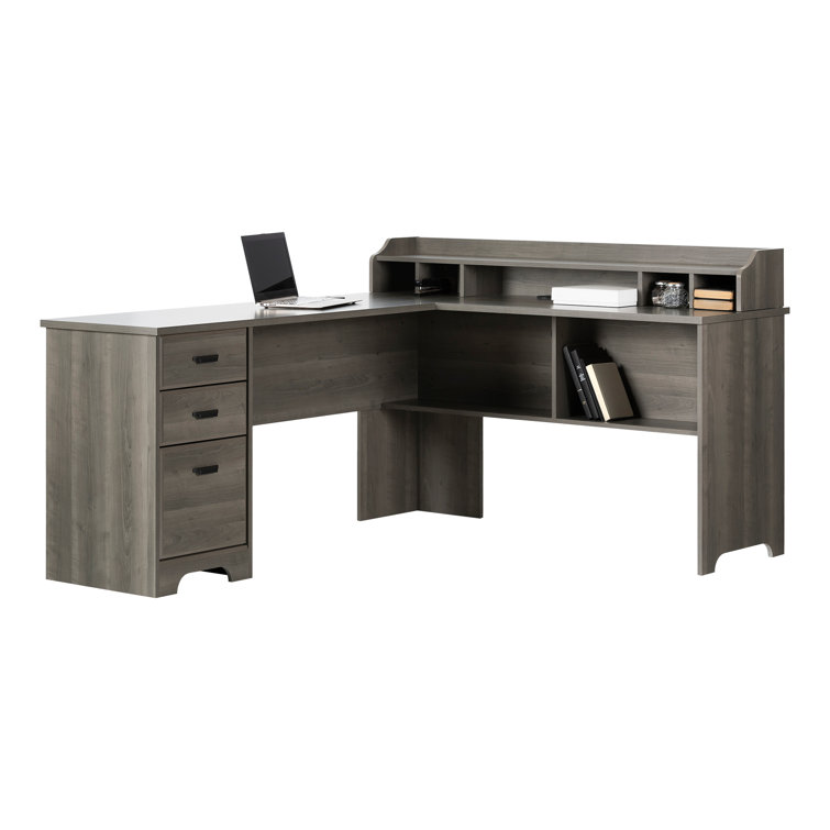 Gray Maple L-Shaped Computer Desk with Hutch and Drawers