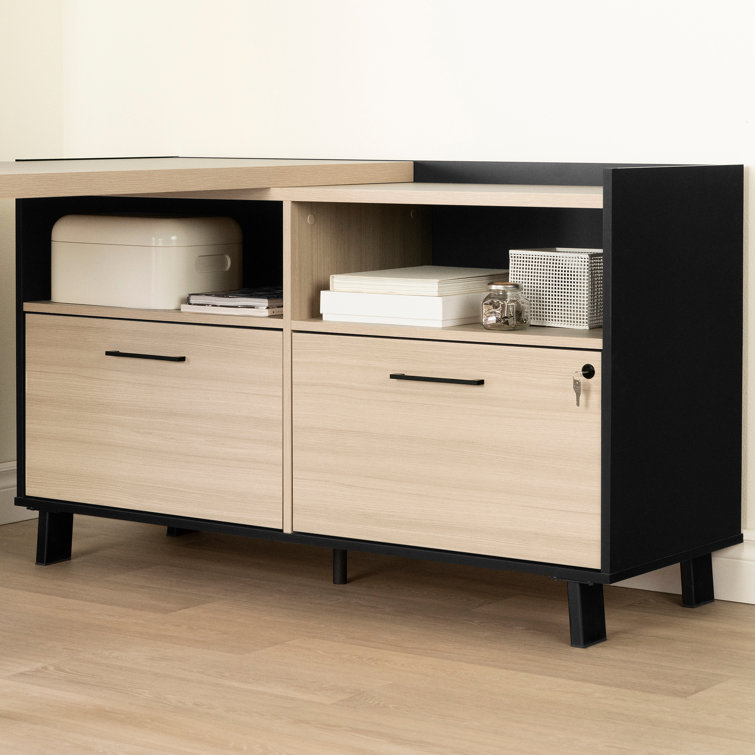 Soft Elm and Matte Black L-Shaped Computer Desk with Power Outlet