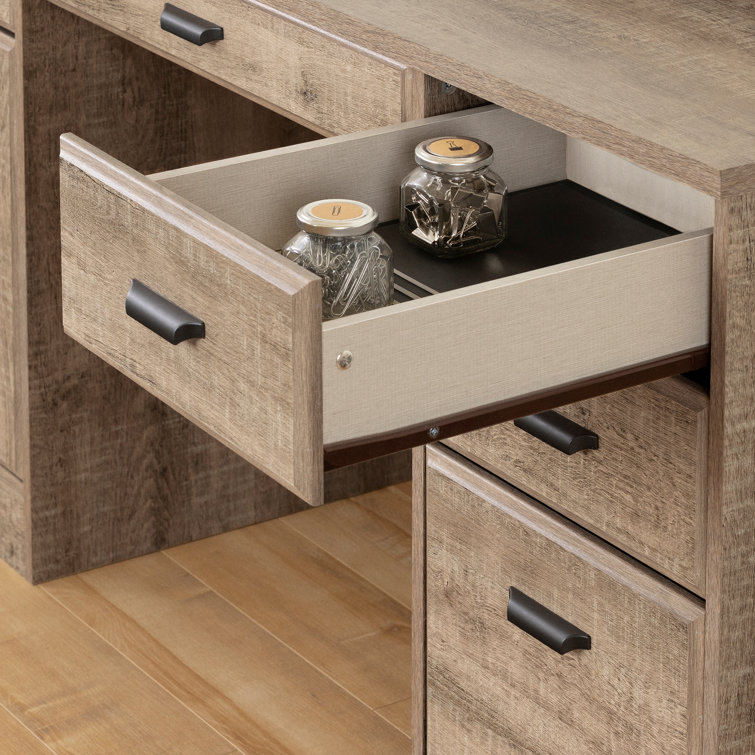 Executive Weathered Oak Computer Desk with Power Outlet and Storage