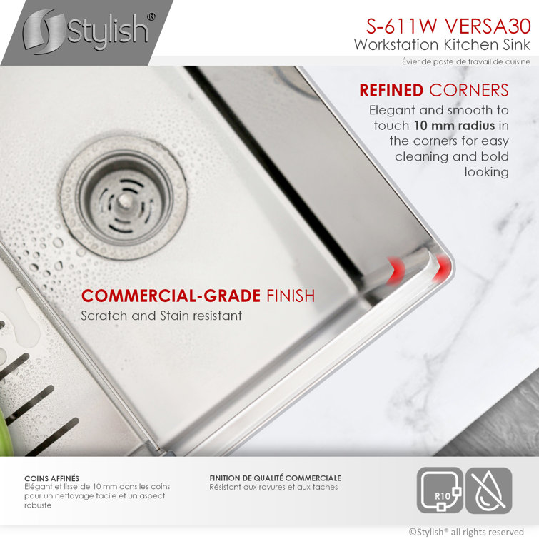 Versa STYLISH 30 inch Workstation Single Bowl Undermount 16G Kitchen Sink with Built in Accessories